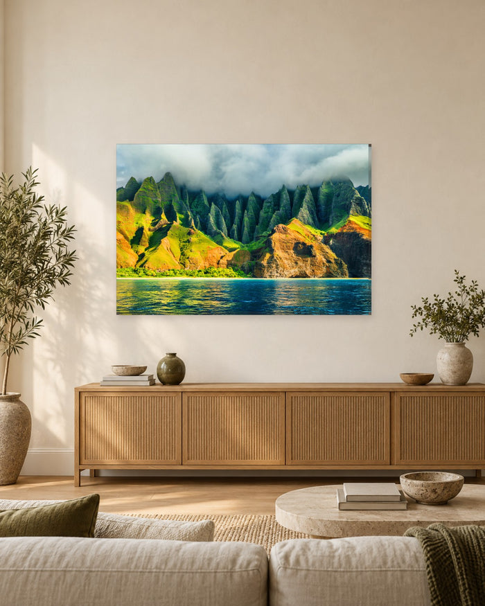 Kauai Hawaii Canvas Wall Art - Jagged Green Mountains and Cloudy Coast - Gallery Canvas - 38mm / 48 x 32 / Unframed preview