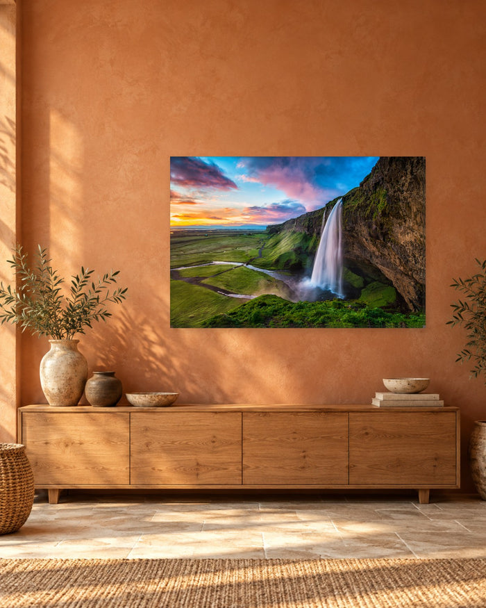 Seljalandsfoss Waterfall Iceland Canvas Wall Art - Colourful Sunset Over Green Valley - Gallery Canvas - 38mm / 48 x 32 / Unframed preview