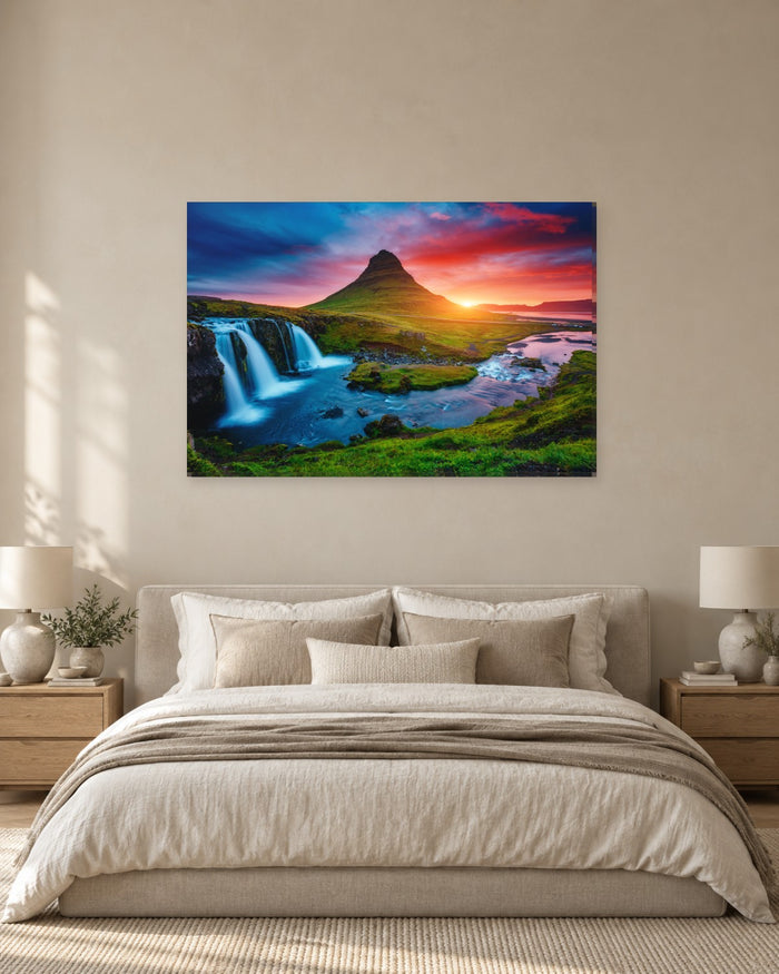 Kirkjufellsfoss and Kirkjufell Mountain Canvas Wall Art - Iceland Sunset Waterfall - Gallery Canvas - 38mm / 48 x 32 / Unframed preview
