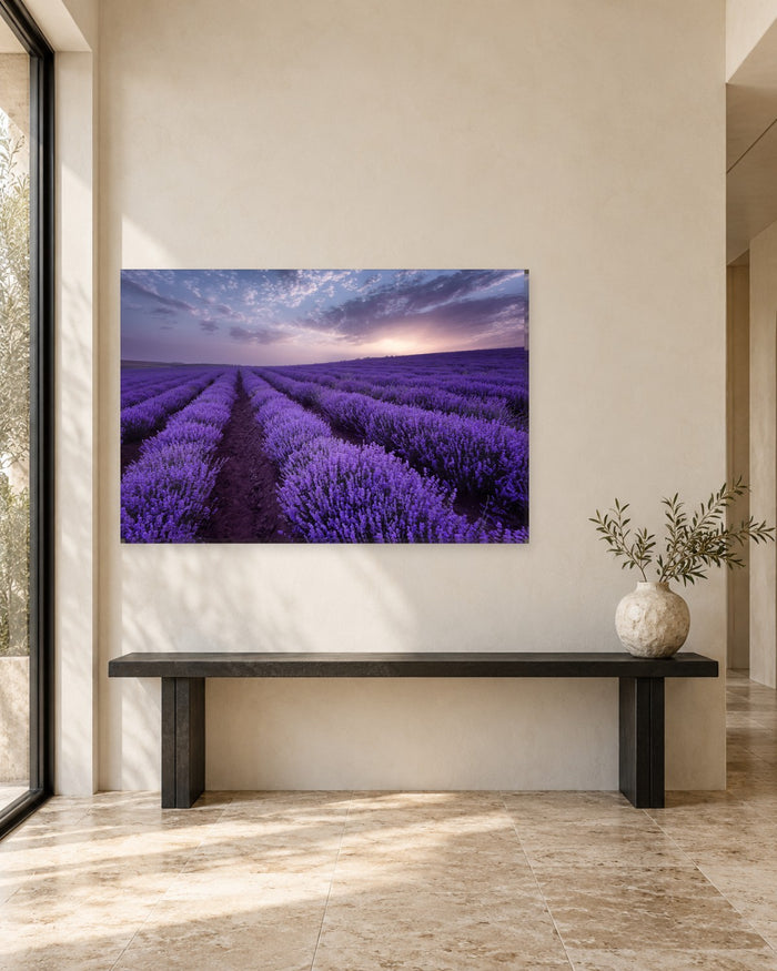 Lavender Field at Sunrise Canvas Wall Art - Violet Rows and Soft Lilac Clouds - Gallery Canvas - 38mm / 48 x 32 / Unframed preview