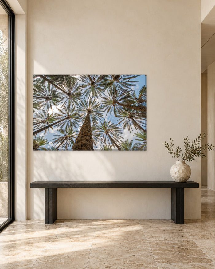 Palm Tree Canopy from Below Canvas Wall Art - Green Fronds and Bright Sky - Gallery Canvas - 38mm / 48 x 32 / Unframed preview