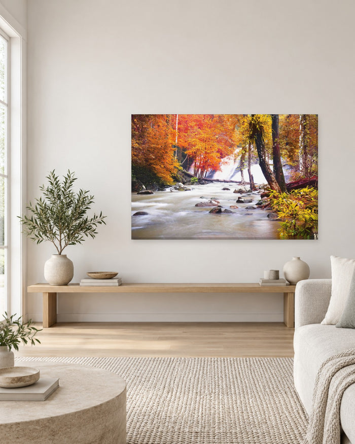 Autumn Forest Waterfall Canvas Wall Art - Orange Trees and Rocky River - Gallery Canvas - 38mm / 48 x 32 / Unframed preview