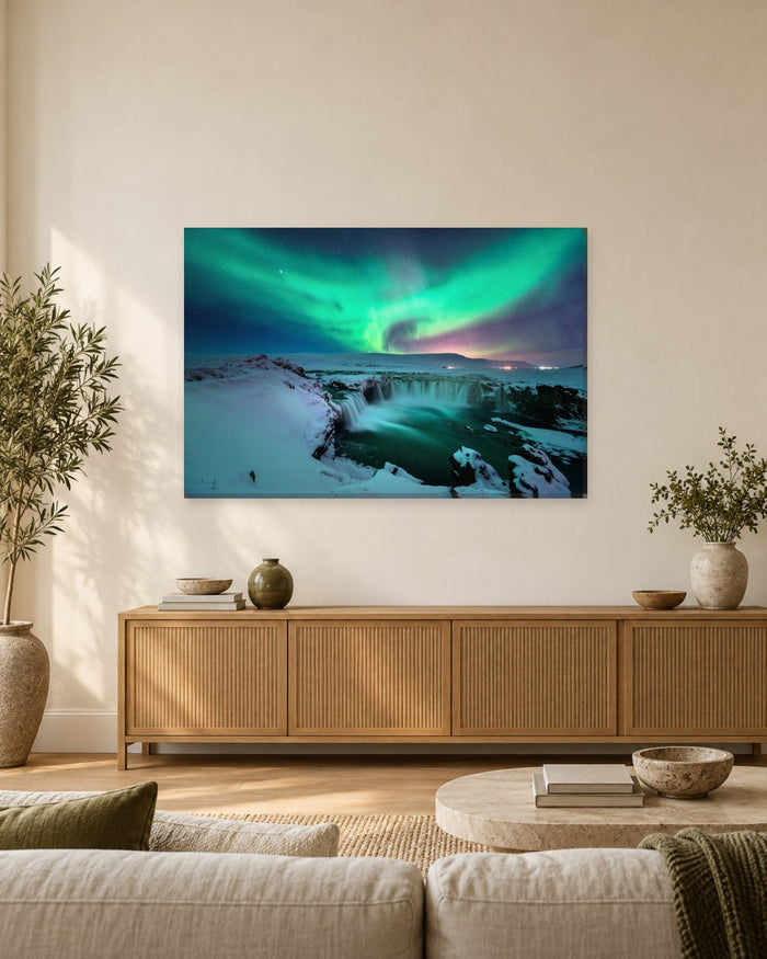 Godafoss Waterfall Northern Lights Canvas Wall Art - Green Aurora Over Snowy Iceland - Gallery Canvas - 38mm / 48 x 32 / Unframed preview