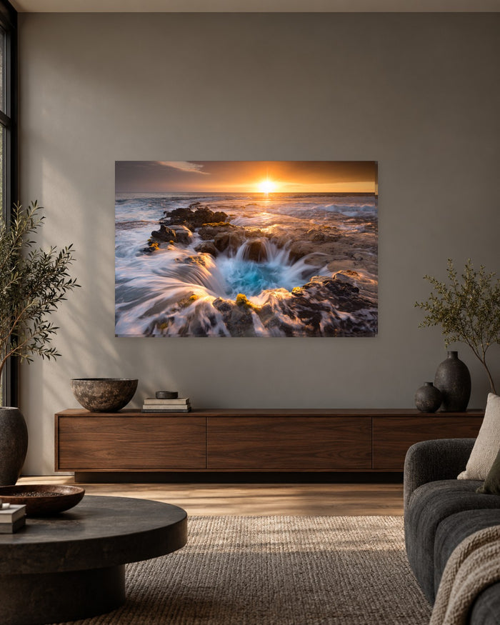 Ocean Rock Pool at Sunset Canvas Wall Art - Swirling Sea and Golden Light - Gallery Canvas - 38mm / 48 x 32 / Unframed preview