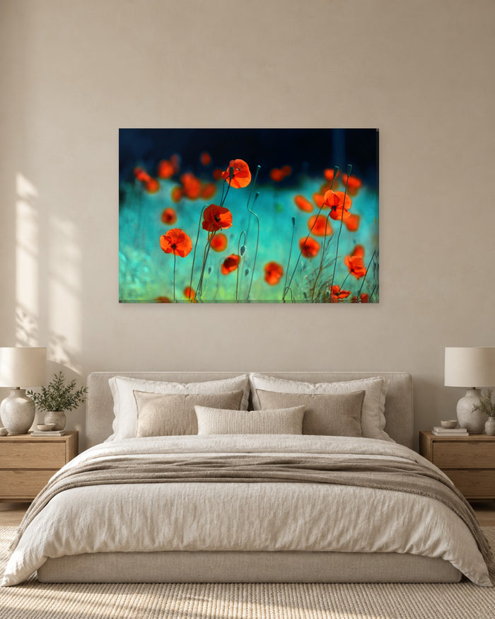 Red Poppies Canvas Wall Art - Scarlet Wildflowers on Turquoise Background - Gallery Canvas - 38mm / 48 x 32 / Unframed preview