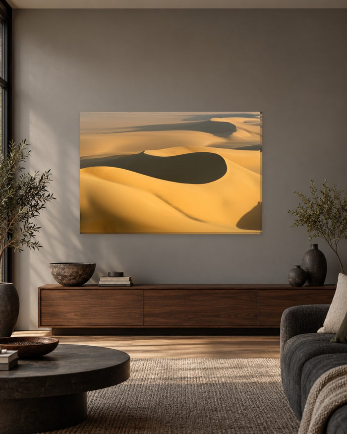 Sand Dune Shadows Canvas Wall Art - Sunlit Ochre Desert Curves - Gallery Canvas - 38mm / 48 x 32 / Unframed preview