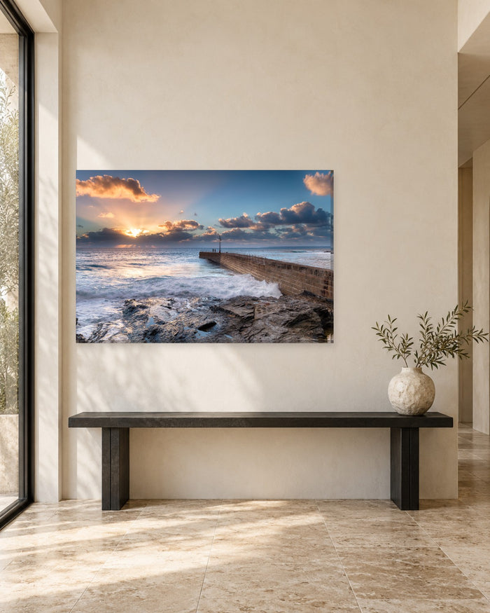 Porthleven Pier Cornwall Canvas Wall Art - Stormy Sea and Golden Sunset - Gallery Canvas - 38mm / 48 x 32 / Unframed preview