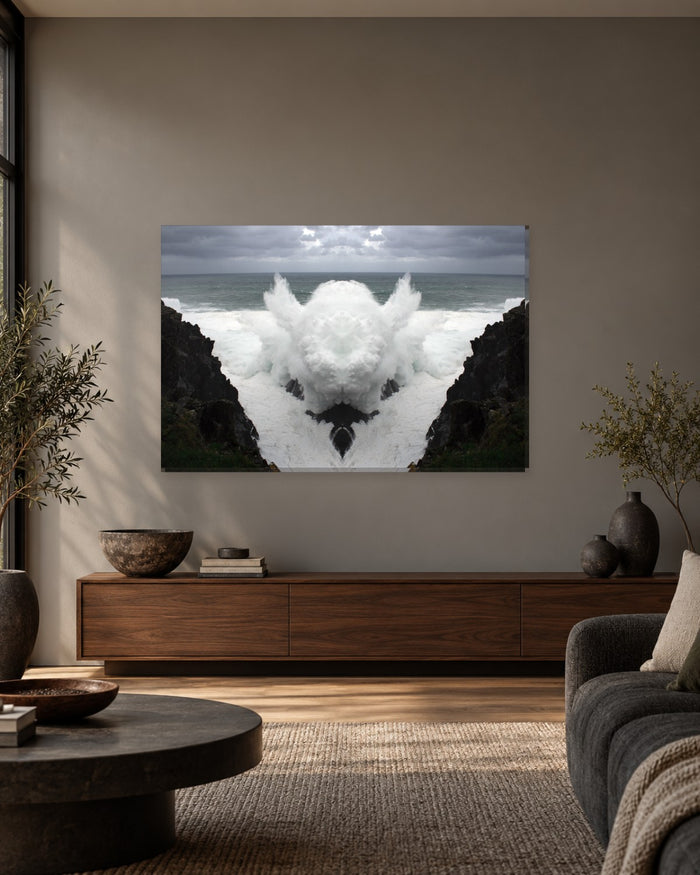 Symmetrical Wave Splash Canvas Wall Art - Mirrored White Surf Between Dark Cliffs - Gallery Canvas - 38mm / 48 x 32 / Unframed preview