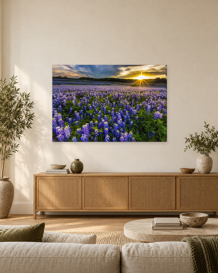 Texas Bluebonnet Field at Sunset Canvas Wall Art - Muleshoe Bend Wildflowers - Gallery Canvas - 38mm / 48 x 32 / Unframed preview