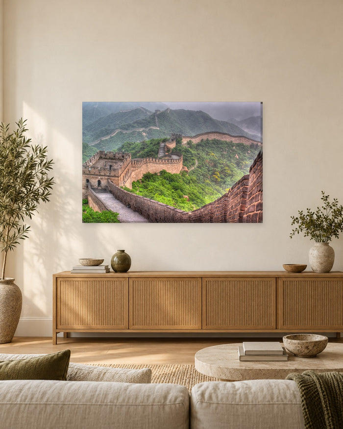 Great Wall of China Canvas Wall Art - Watchtowers Over Green Misty Mountains - Gallery Canvas - 38mm / 48 x 32 / Unframed preview