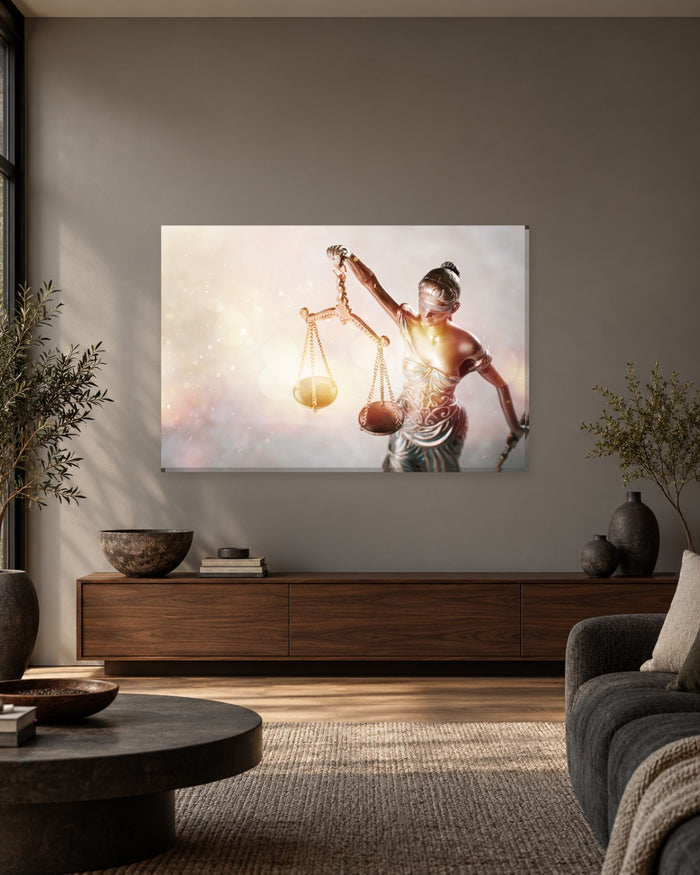 Lady Justice Statue Canvas Wall Art - Themis with Scales in Golden Light - Gallery Canvas - 38mm / 48 x 32 / Unframed preview