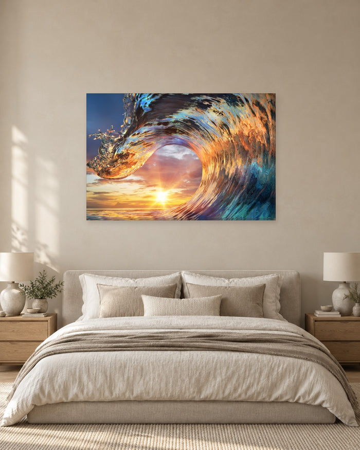 Sunset Through a Curling Wave Canvas Wall Art - Gold and Blue Ocean Barrel - Gallery Canvas - 38mm / 48 x 32 / Unframed preview