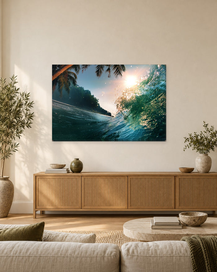 Tropical Wave and Palm Trees Canvas Wall Art - Sunlit Island Shoreline - Gallery Canvas - 38mm / 48 x 32 / Unframed preview