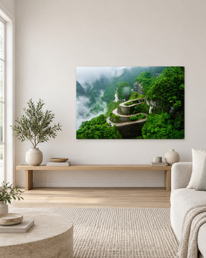 Tianmen Mountain Winding Road China Canvas Wall Art - Green Cliffs in Mist - Gallery Canvas - 38mm / 48 x 32 / Unframed preview