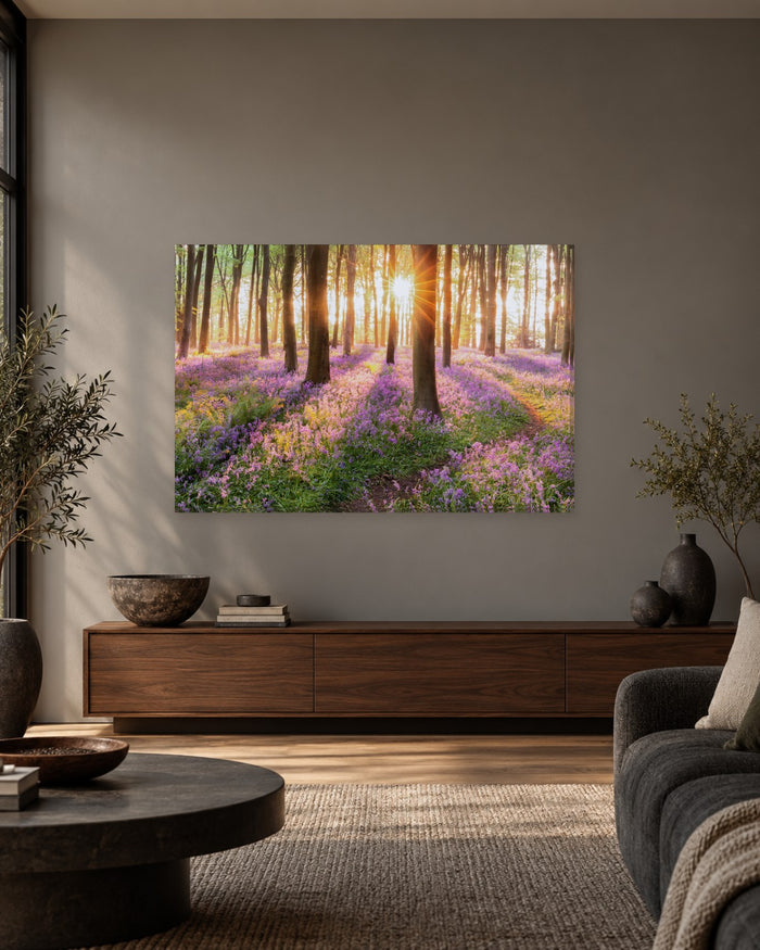 Sunlit Bluebell Forest Canvas Wall Art - Spring Woodland with Golden Sun Rays - Gallery Canvas - 38mm / 48 x 32 / Unframed preview