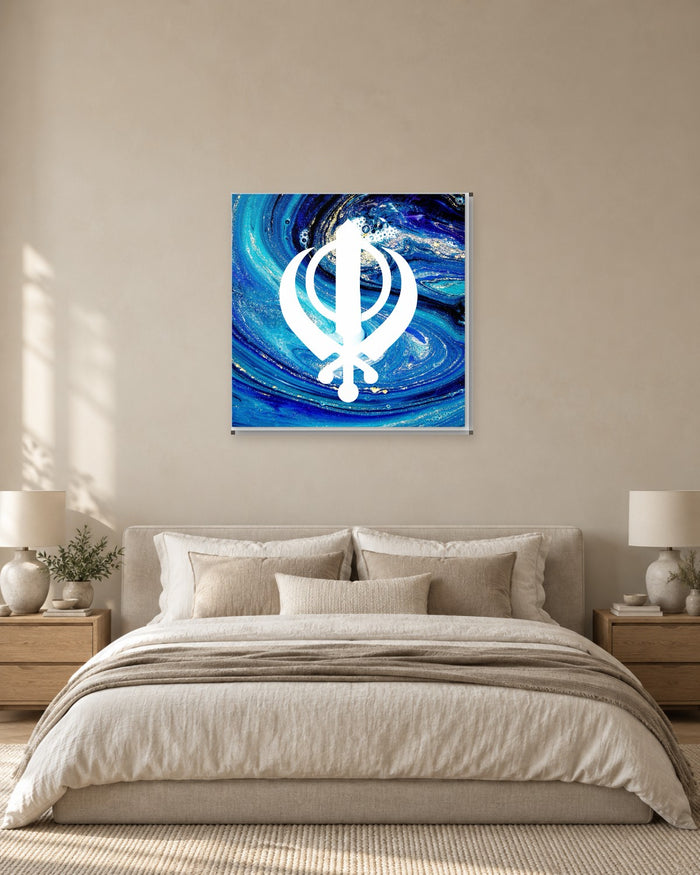 Blue Marble Khanda Square Canvas Wall Art - Sikh Symbol on Turquoise Swirl - Gallery Canvas - 38mm / 30 x 30 preview