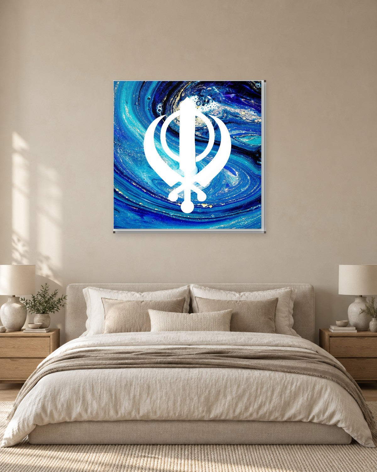 Blue Marble Khanda Square Canvas Wall Art - Sikh Symbol on Turquoise Swirl - Gallery Canvas - 38mm / 30 x 30 preview