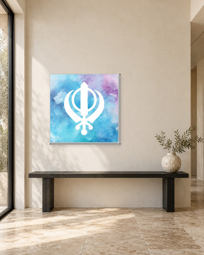 Khanda Wall Art - Blue and Pink Watercolour Sikh Symbol Square Canvas - Gallery Canvas - 38mm / 30 x 30 preview