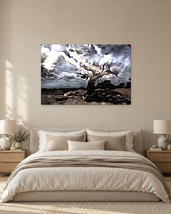 Old Tree Under Stormy Clouds - Silver Grey Abstract Canvas Wall Art - Gallery Canvas - 38mm / 48 x 32 / Unframed preview