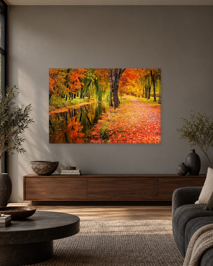 Autumn Forest Path and Stream Canvas Wall Art - Orange Leaves - Gallery Canvas - 38mm / 48 x 32 / Unframed preview