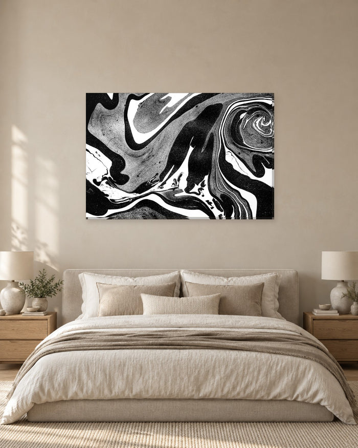 Black and White Marbled Ink Abstract Canvas Wall Art - Gallery Canvas - 38mm / 48 x 32 / Unframed preview