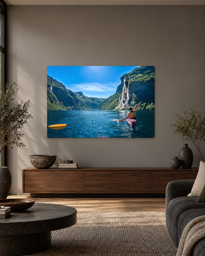 Kayak on a Mountain Fjord Canvas Wall Art - Blue Water and Waterfall - Gallery Canvas - 38mm / 48 x 32 / Unframed preview