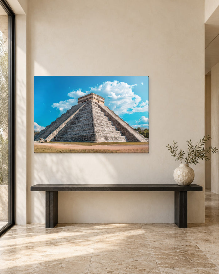 Chich-n Itz- Pyramid Mexico Canvas Wall Art - El Castillo Under Blue Sky - Gallery Canvas - 38mm / 48 x 32 / Unframed preview
