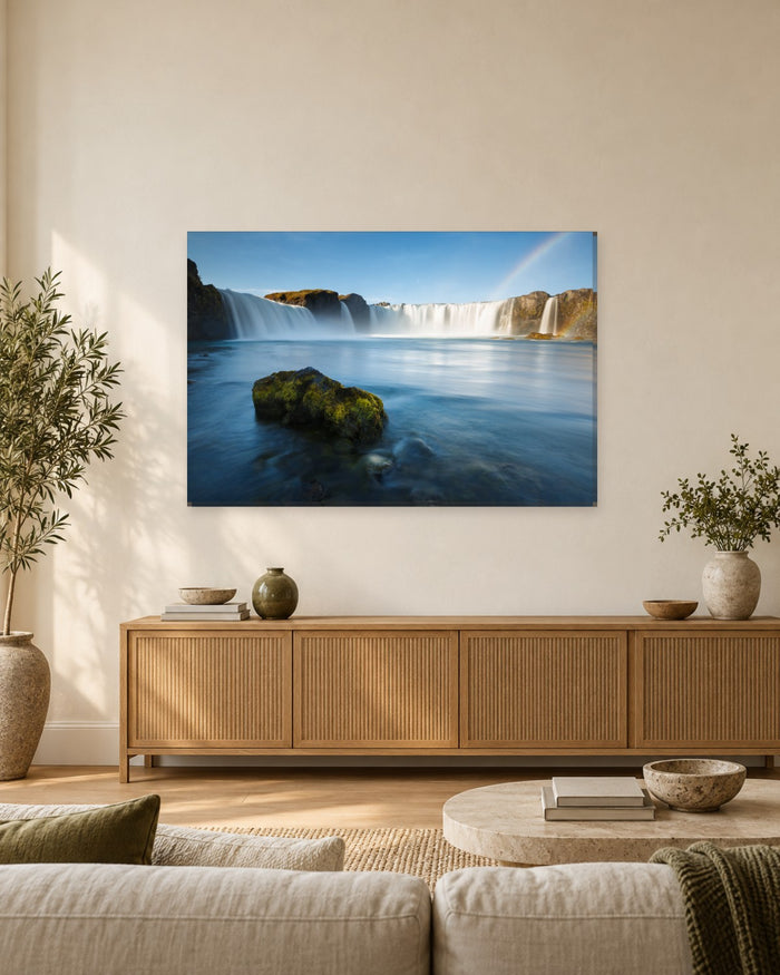 Godafoss Waterfall Iceland Canvas Wall Art - Rainbow and Smooth Blue Water - Gallery Canvas - 38mm / 48 x 32 / Unframed preview