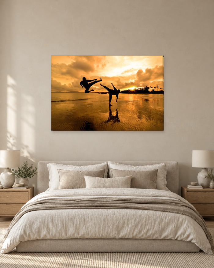 Karate Silhouettes on the Beach at Sunset - Martial Arts Canvas Wall Art - Gallery Canvas - 38mm / 48 x 32 / Unframed preview