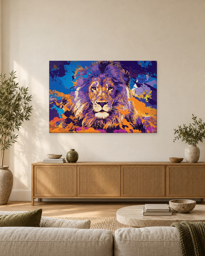 Purple and Gold Abstract Lion Canvas Wall Art - Paint Splash Animal Art - Gallery Canvas - 38mm / 48 x 32 / Unframed preview
