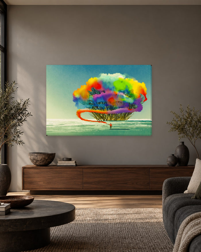 Man Drawing a Rainbow Smoke Tree - Surreal Canvas Wall Art - Gallery Canvas - 38mm / 48 x 32 / Unframed preview