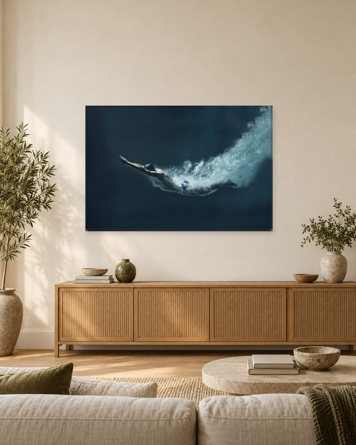 Swimmer Diving Underwater Canvas Wall Art - Deep Blue Sports Art - Gallery Canvas - 38mm / 48 x 32 / Unframed preview