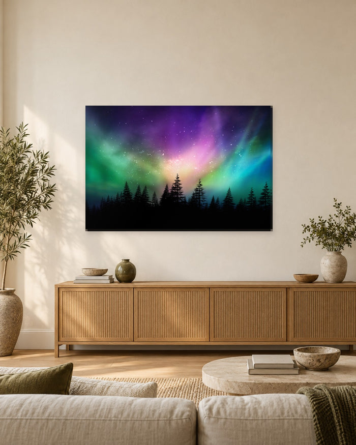 Northern Lights Over Canadian Forest Canvas Wall Art - Purple and Green Aurora - Gallery Canvas - 38mm / 48 x 32 / Unframed preview