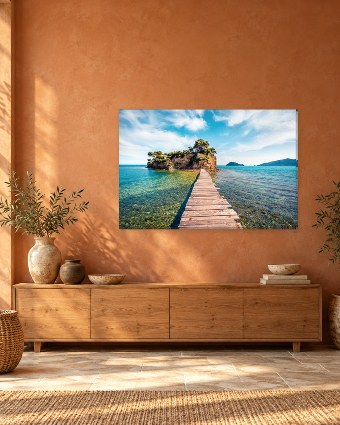 Port Sostis Zakynthos Canvas Wall Art - Wooden Bridge and Turquoise Sea - Gallery Canvas - 38mm / 48 x 32 / Unframed preview