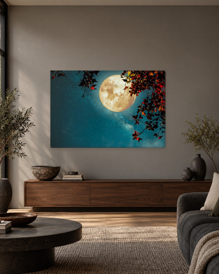 Full Moon and Milky Way with Autumn Maple Leaves Canvas Wall Art - Gallery Canvas - 38mm / 48 x 32 / Unframed preview