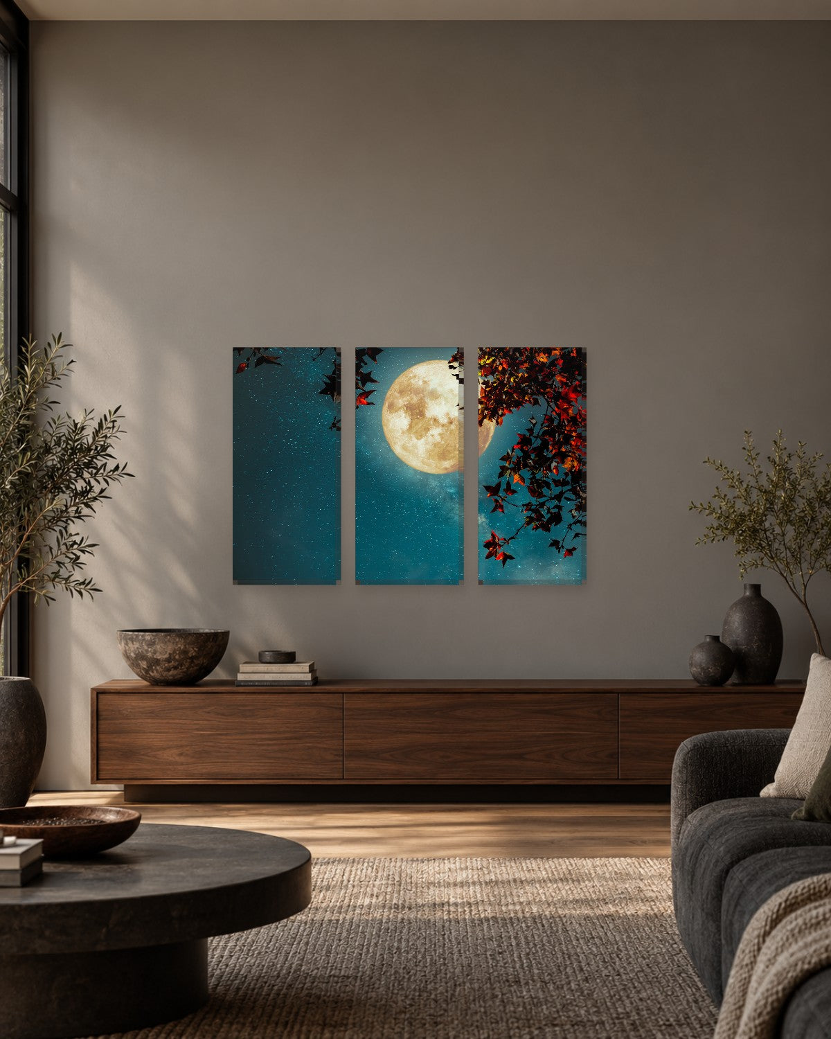 Full Moon and Milky Way with Autumn Maple Leaves Canvas Wall Art - Gallery Canvas - 38mm / 48 x 32 / Unframed preview