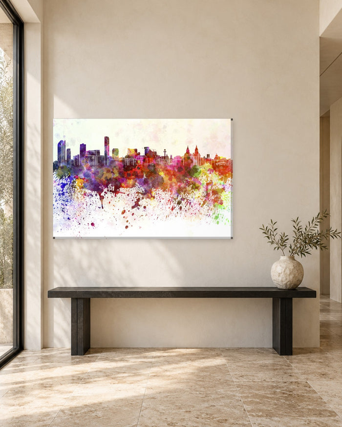 Liverpool Skyline Watercolour Canvas Wall Art - Colourful Paint Splash City - Gallery Canvas - 38mm / 48 x 32 / Unframed preview