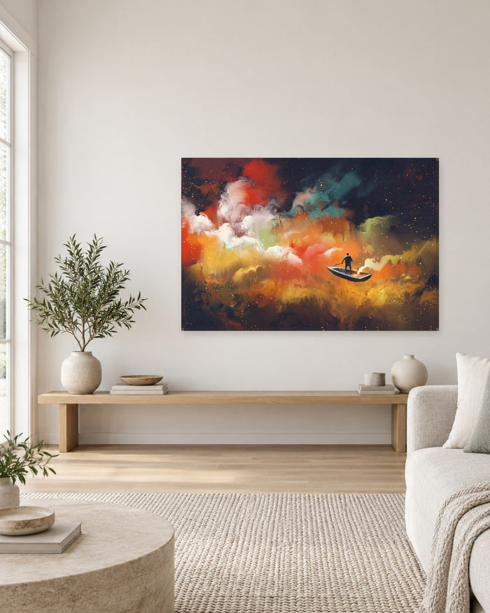 Man in a Boat on Colourful Clouds - Surreal Fantasy Canvas Wall Art - Gallery Canvas - 38mm / 48 x 32 / Unframed preview