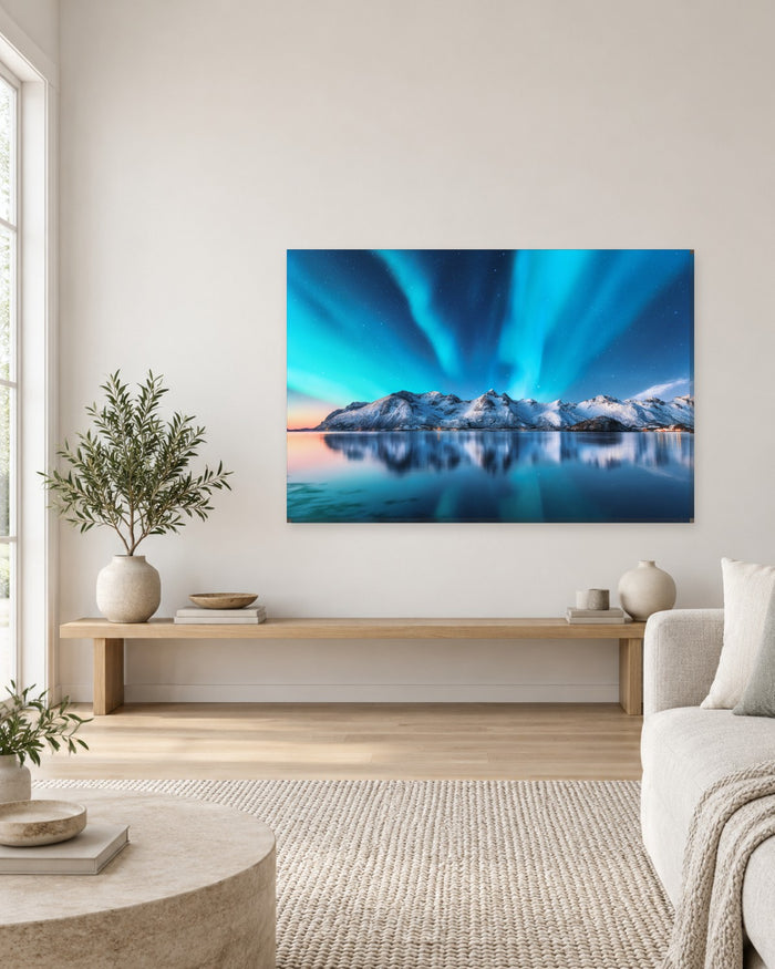 Northern Lights over Lofoten Islands Norway Canvas Wall Art - Snowy Mountains - Gallery Canvas - 38mm / 48 x 32 / Unframed preview