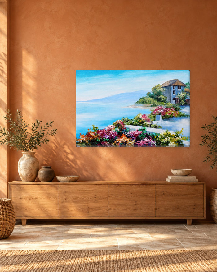 Coastal Cottage and Flowers Canvas Wall Art - Oil Painting Style Seascape - Gallery Canvas - 38mm / 48 x 32 / Unframed preview