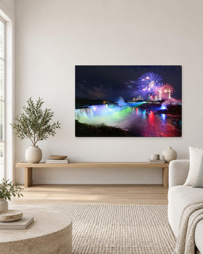 Niagara Falls at Night with Fireworks Canvas Wall Art - Colourful Lights - Gallery Canvas - 38mm / 48 x 32 / Unframed preview