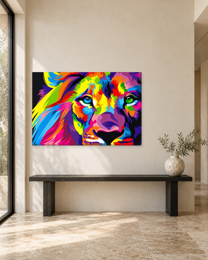 Rainbow Lion Face Canvas Wall Art - Multicolour Pop Art Animal Print - Gallery Canvas - 38mm / 48 x 32 / Unframed preview