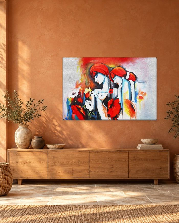 Abstract Women and Deer Painting Canvas Wall Art - Red and White - Gallery Canvas - 38mm / 48 x 32 / Unframed preview