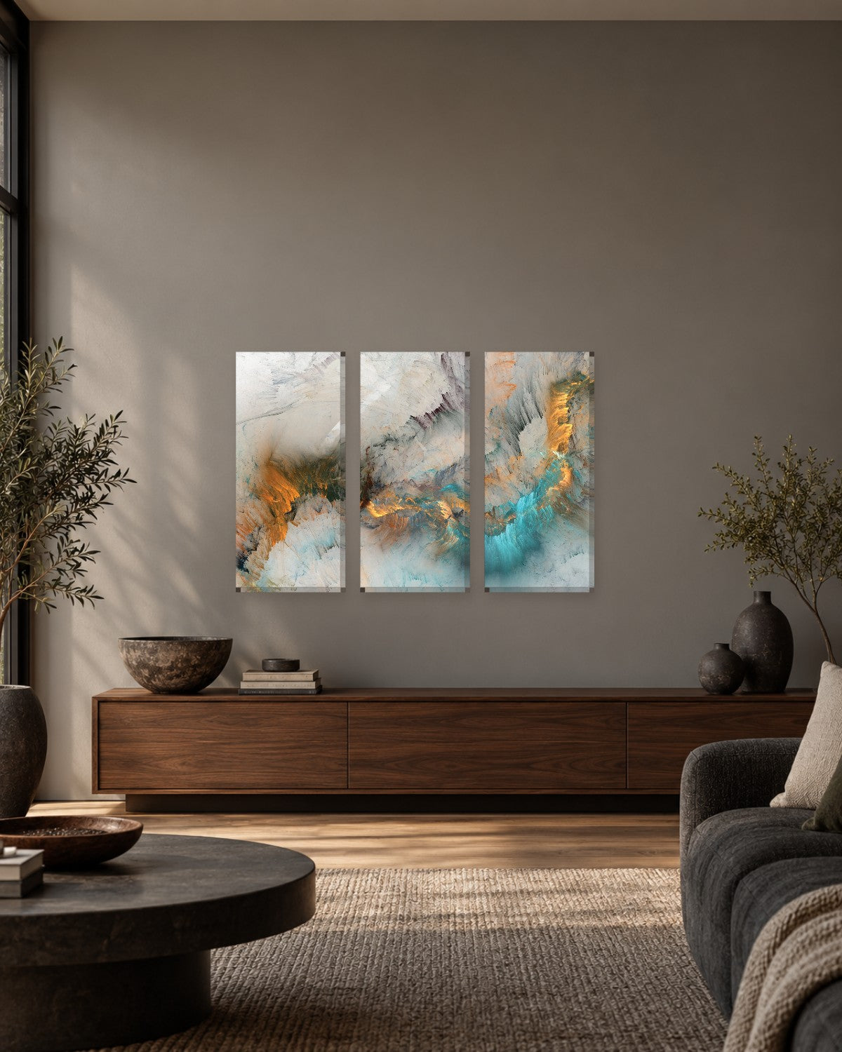 Grey Turquoise and Coral Abstract Canvas Wall Art - Feathered Brushstrokes - Gallery Canvas - 38mm / 48 x 32 / Unframed preview