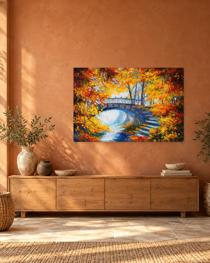 Autumn Forest Bridge Painting Canvas Wall Art - Golden Trees and Blue Stream - Gallery Canvas - 38mm / 48 x 32 / Unframed preview
