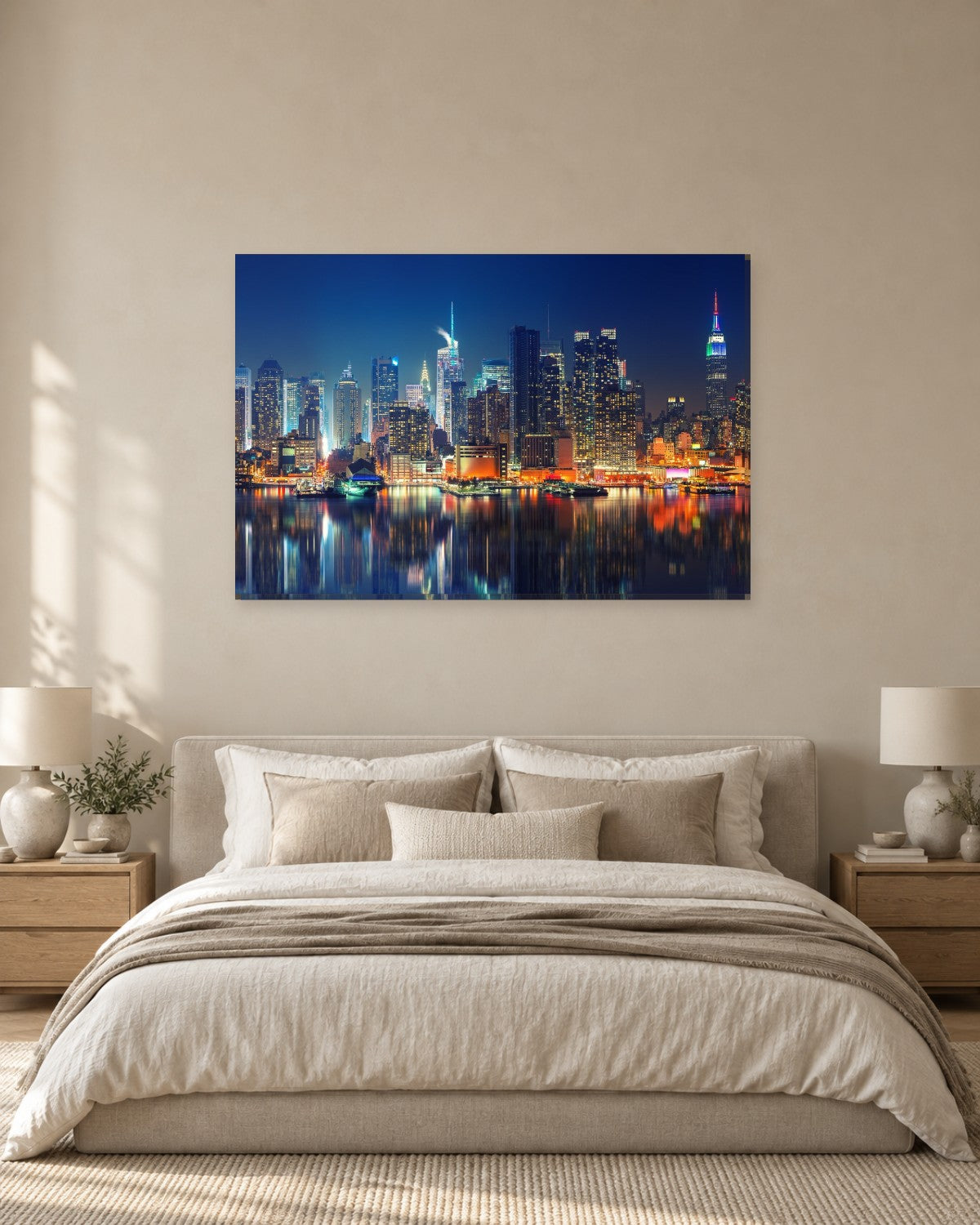 Night City Skyline Reflections Canvas Wall Art - Colourful Waterfront Lights - Gallery Canvas - 38mm / 48 x 32 / Unframed preview