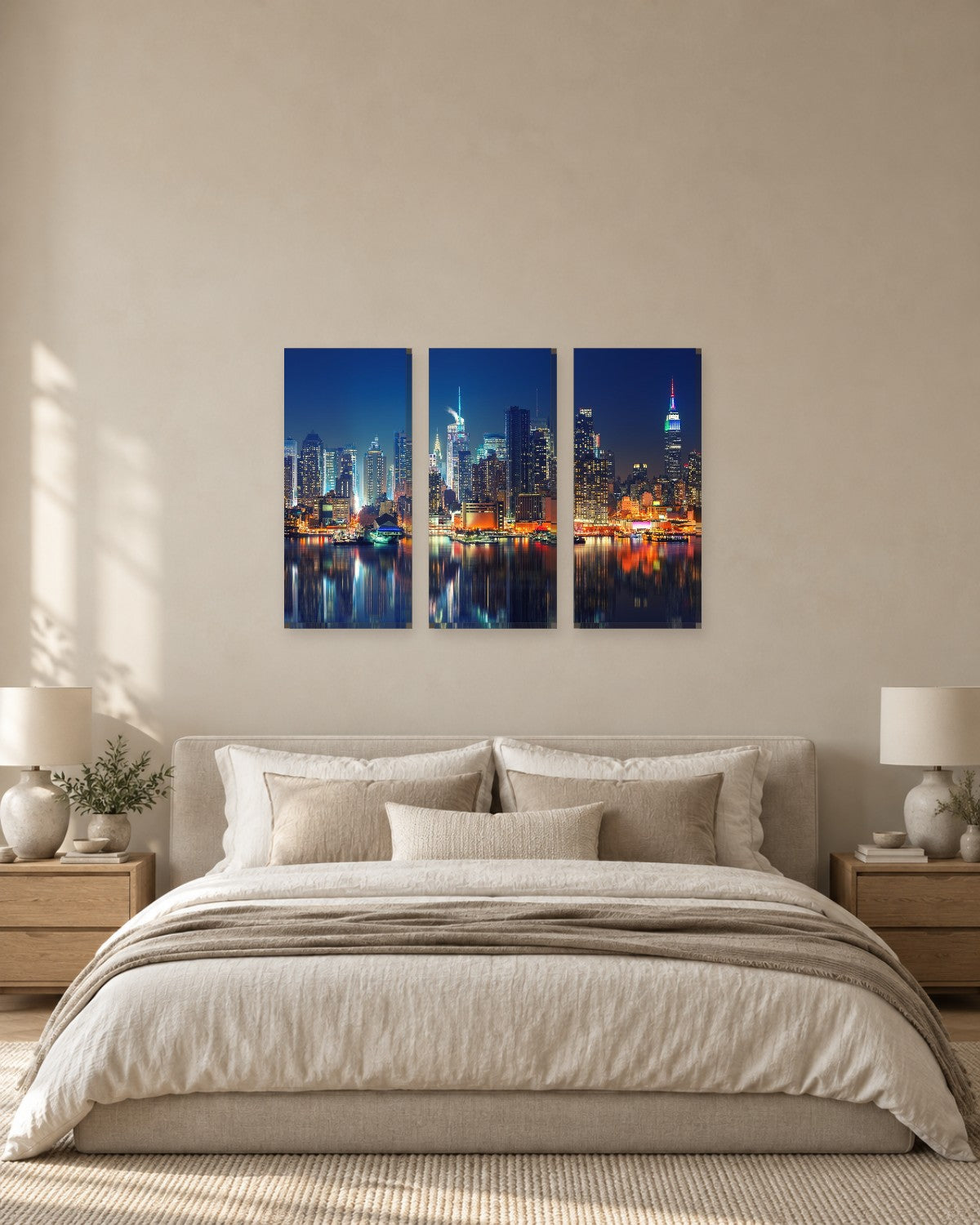 Night City Skyline Reflections Canvas Wall Art - Colourful Waterfront Lights - Gallery Canvas - 38mm / 48 x 32 / Unframed preview