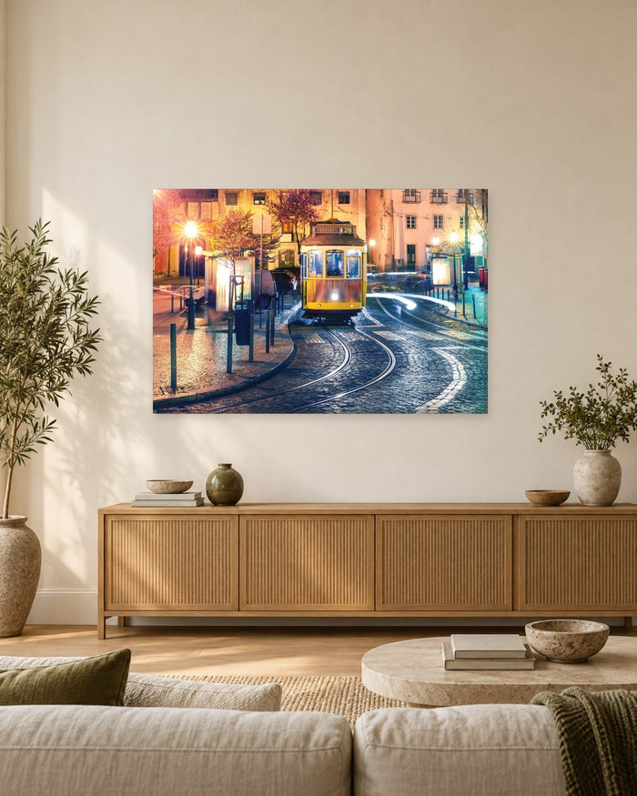 Lisbon Yellow Tram 28 Canvas Wall Art - Alfama Street at Night - Gallery Canvas - 38mm / 48 x 32 / Unframed preview