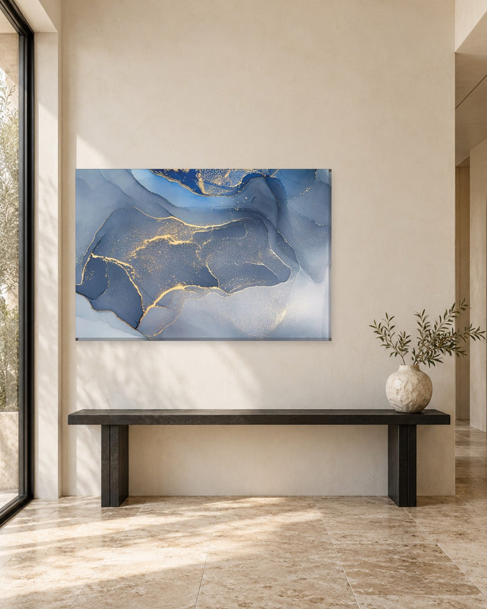 Blue Grey and Gold Marble Abstract Canvas Wall Art - Soft Ink Layers - Gallery Canvas - 38mm / 48 x 32 / Unframed preview