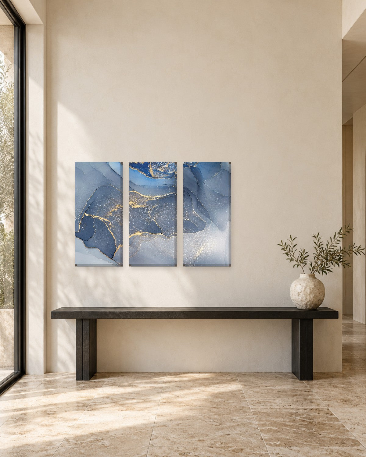 Blue Grey and Gold Marble Abstract Canvas Wall Art - Soft Ink Layers - Gallery Canvas - 38mm / 48 x 32 / Unframed preview